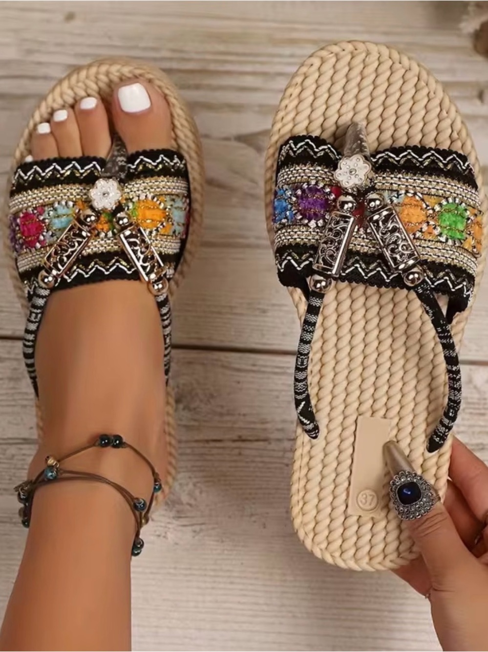 Boho Embellished Multicolor Women's Rope Flip Flop Sandals
